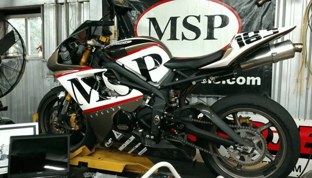 MSP Cycles branded Triumph 675r on the Dyno (Dynometer)