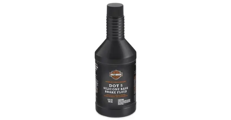 bottle of OEM harley davidson hydraulic fluid that has a DOT 5 composition
