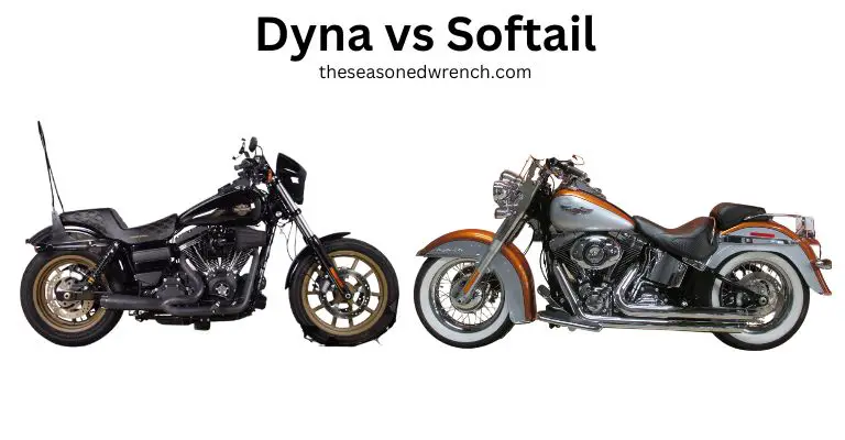a harley dyna and softail positioned against each other to offer a direct visual comparison
