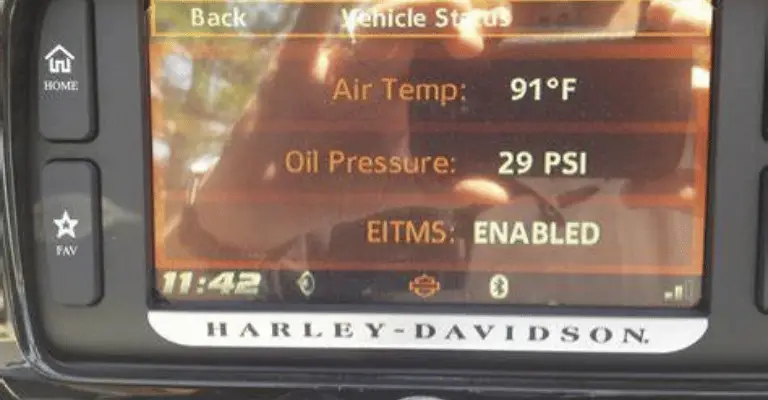 infotainment system on a harley davidson motorcycle showing that the EITMS system is enabled