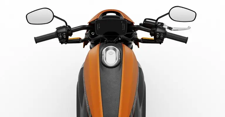 Up-close photo of Orange Harley Davidson Livewire, as an example to show the motorcycle has an automatic transmission, and no clutch lever.