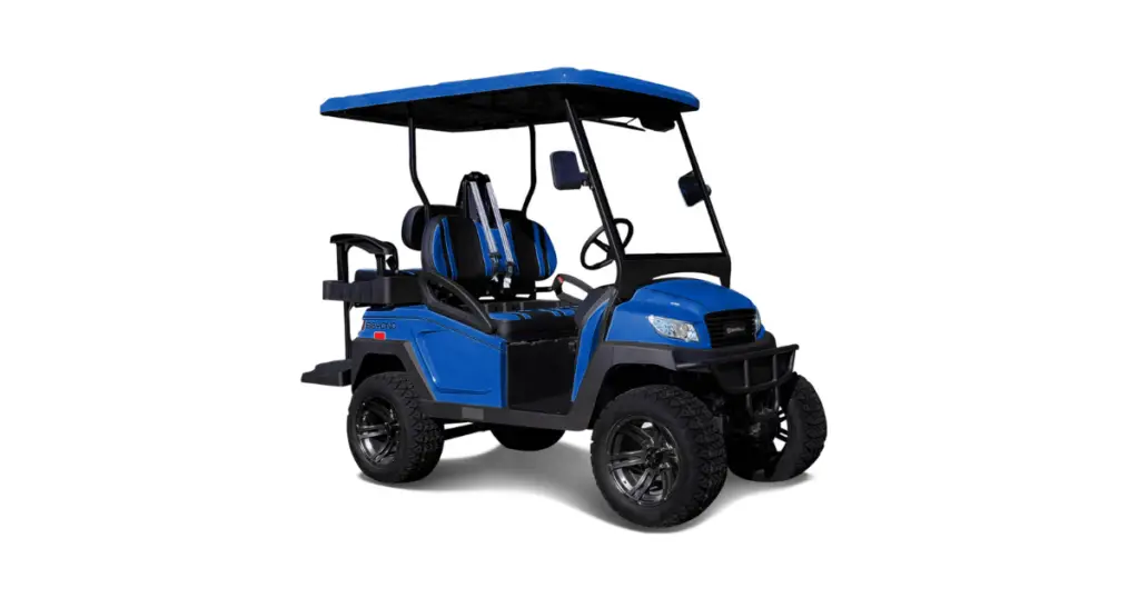 Here's a picture of a lifted, four-seater, Bintelli golf cart in deep navy blue with two-tone seats.