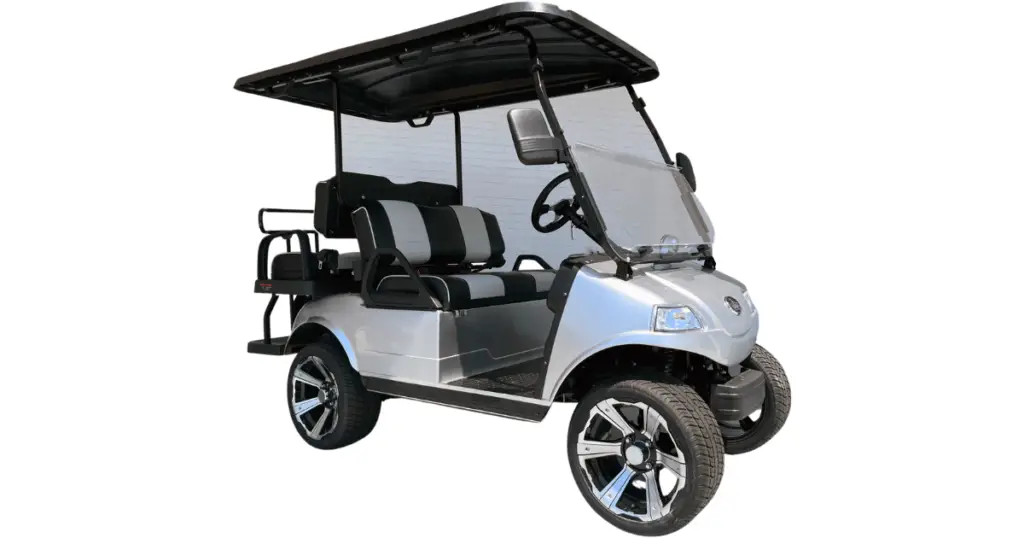 Here's an example of an Evolution Classic 2 golf cart, in silver with multi-tone seats and a black roof.