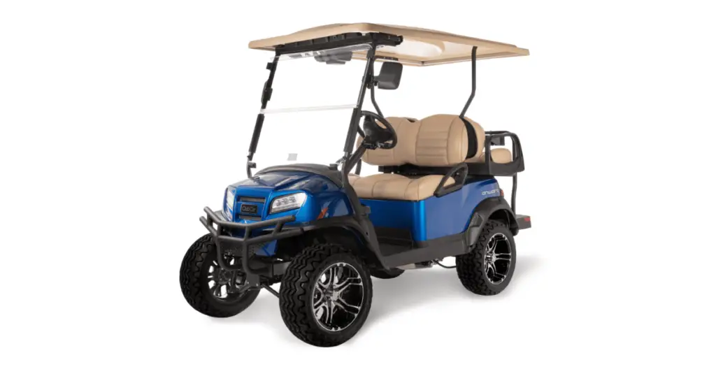 This image is a four seater version of the Club Car Onward. It is colored in deep blue with khaki seats and roof.