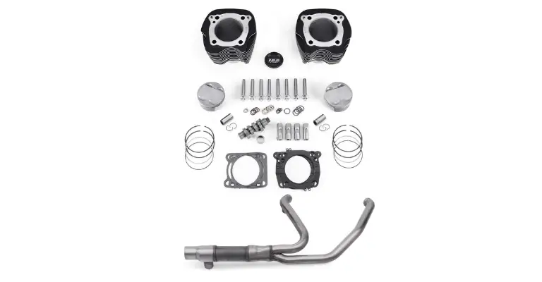 This is an example of Harley Davidson's Screamin' Eagle Stage 3 Kit. Shown are the new cylinder heads, exhausts, pistons, and related components.