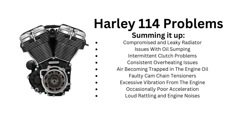 This is an infographic listing the common engine problems seen in the Harley 114 engine. To the left, an example of the engine is shown.
