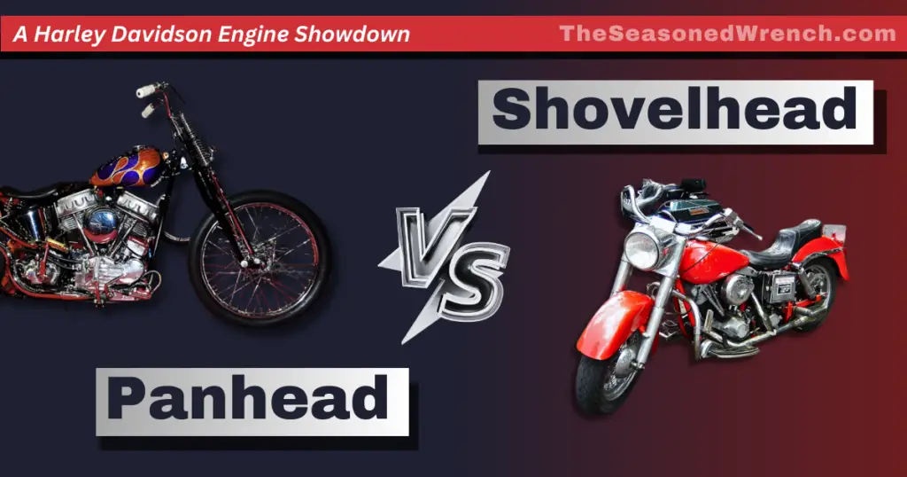 A graphic comparing Harley Davidson Panhead and Shovelhead engines with images of each motorcycle, titled "A Harley Davidson Engine Showdown" from TheSeasonedWrench.com.