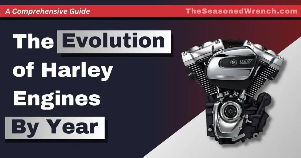 "The Evolution of Harley Engines By Year" with a chrome Harley-Davidson engine and the website "TheSeasonedWrench.com".