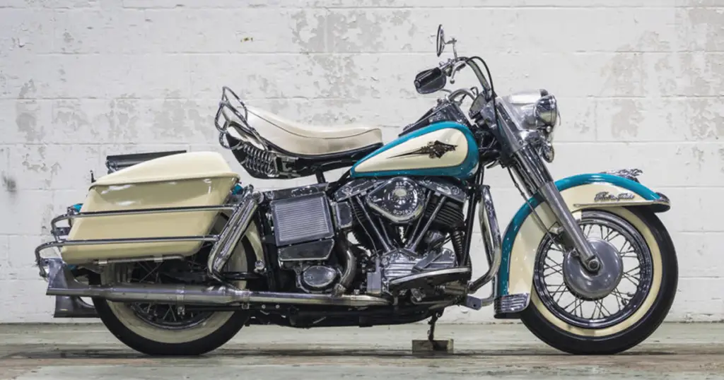 Here's a picture of a baby blue and cream white 1969 Harley Shovelhead.