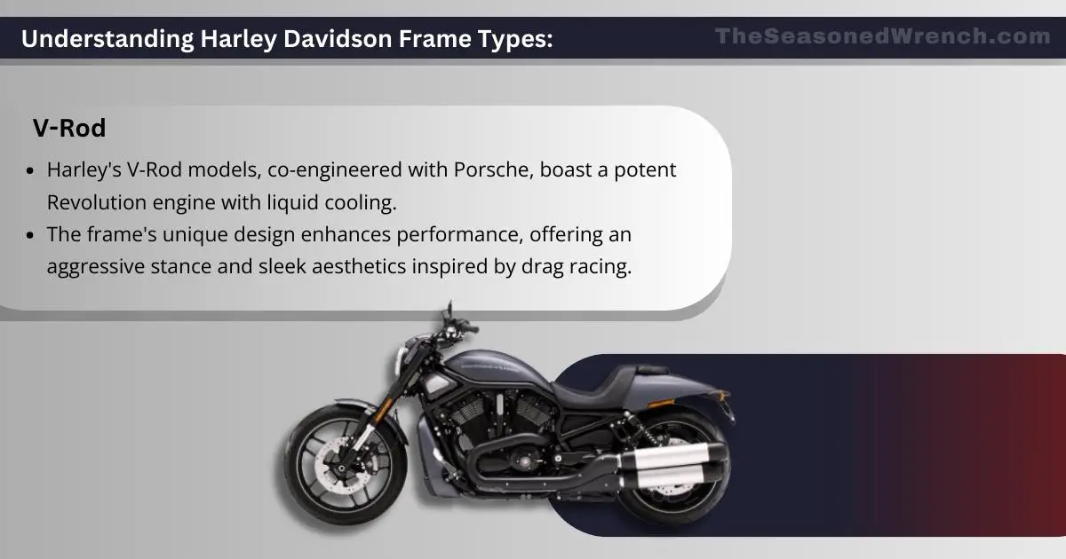 An infographic on Harley Davidson's V-Rod frame type, detailing its co-engineering with Porsche, liquid-cooled Revolution engine, and drag racing-inspired design, with a motorcycle image.