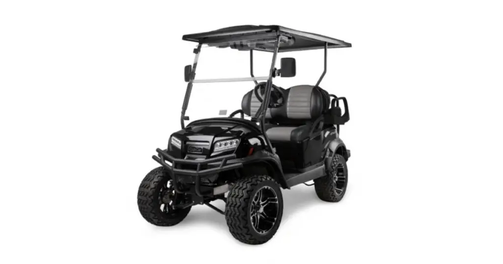 A Black, lifted Club Car Onward with a brush guard, custom black and gray seats, and a long extended roof