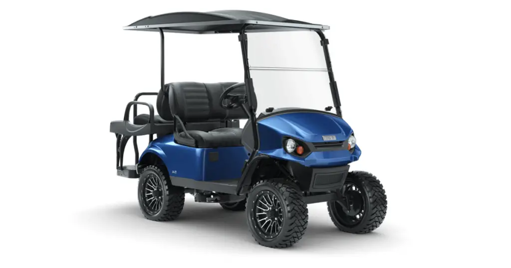 A Blue EZGO S4 with a black extended roof, seat kit, and sticked black leather seats