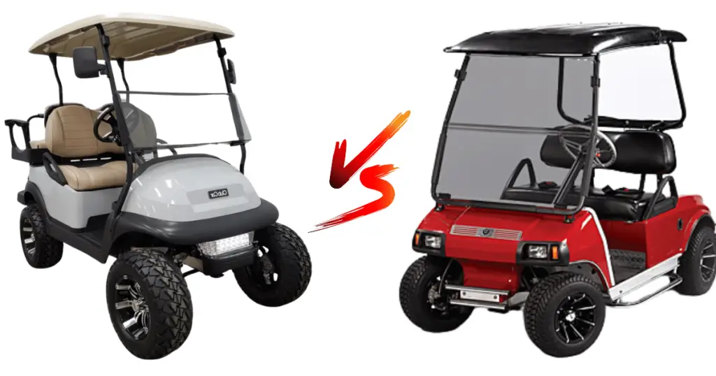 A Club Car Precedent and DS positioned next to each other with a versus sign in the middle to illustrate a further comparison between the two
