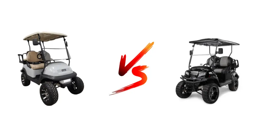 A Club Car Precedent and Onward positioned next to each other with a versus sign in the middle to signify the comparison between the two