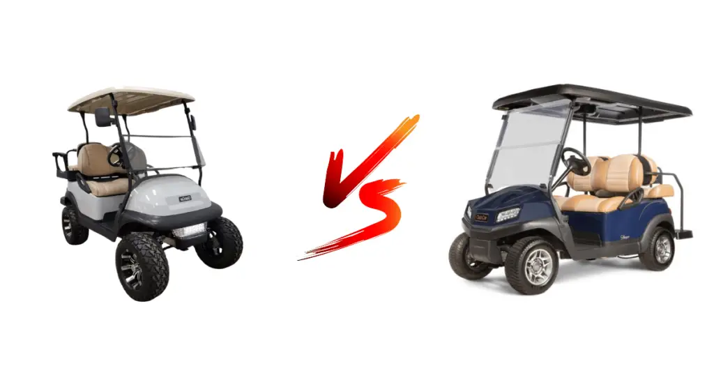 A Club Car Precedent and Tempo positioned next to each other with a versus sign in the middle to signify the comparison between the two