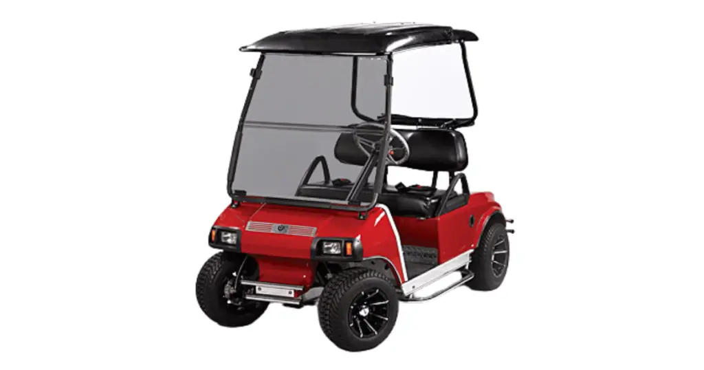 A red Club Car DS with black wheels, custom black seats, and a short black roof