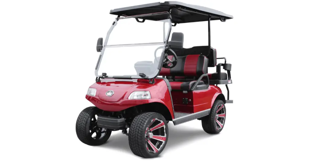 A red Evolution Golf Cart with duo-tone black and red seats and an extended black roof