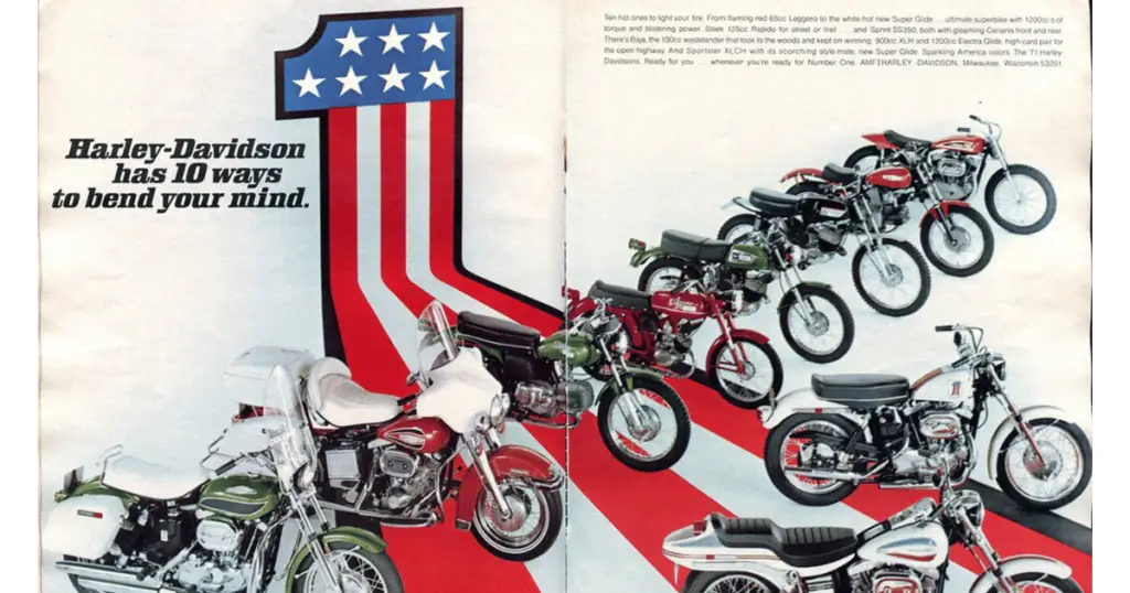 A retro newspaper cutout showing AMF's model offerings of today's Harley Davidsons