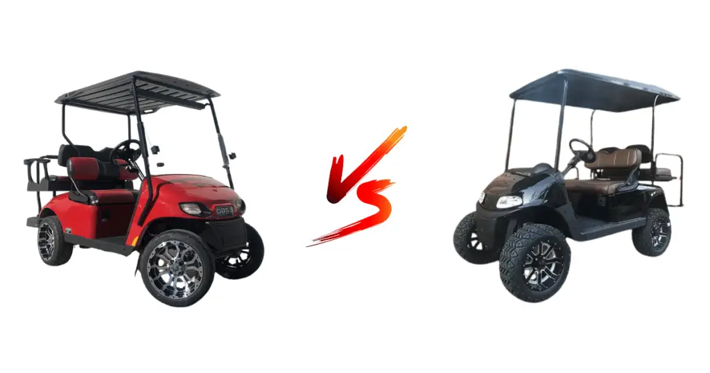 An EZGO TXT and RXV next to each other with a versus sign in the middle to further illustrate the comparison between the two
