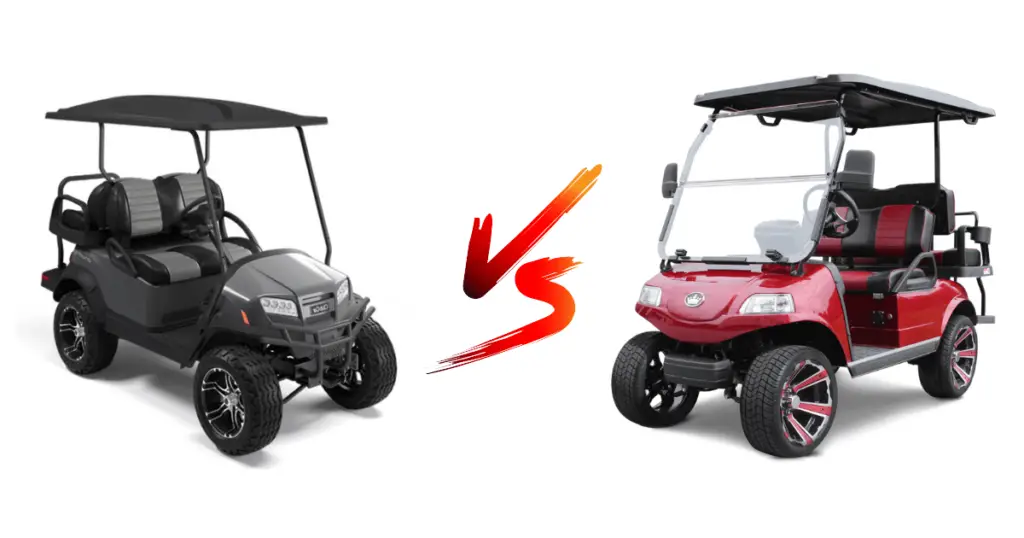 Gray Club Car and Red Evolution Golf Cart posed next to each other with a "versus" sign in the middle