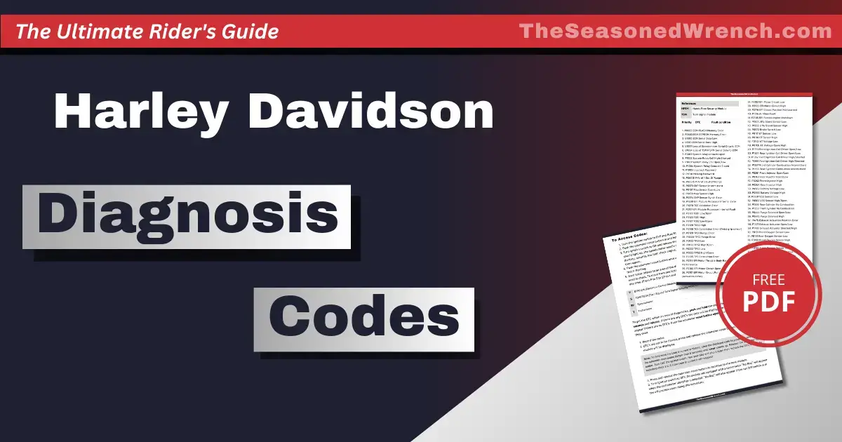 A banner for "Harley Davidson Diagnosis Codes" with a highlighted offer for a free PDF, part of "The Ultimate Rider's Guide" series.