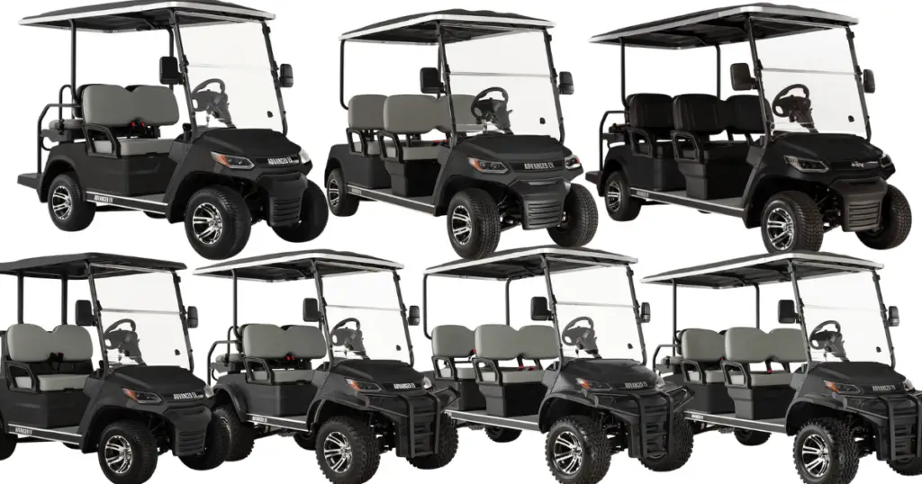 Infographic showing the full line up of Advanced EV Advent golf carts