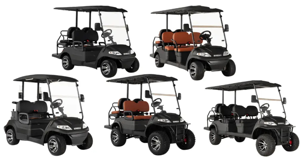 Infographic showing the full line up of the EV1 series from Advanced EV Golf Carts