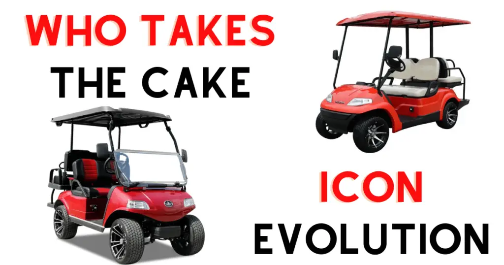 A custom infographic introducing the comparison between Icon and Evolution golf carts. This includes brand differences between Icon's and Evolution's carts