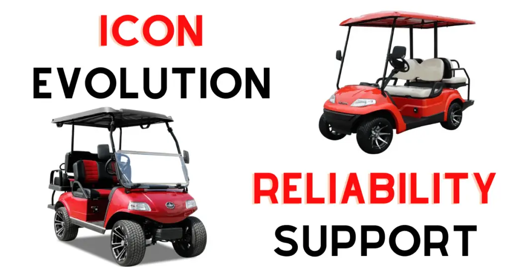 Infographic introducing the reliability comparison between Evolution and Icon golf carts, including the overview of available dealer support for each 