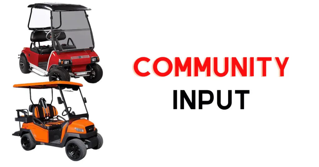 Infographic setting the stage for community input and comparison between Club Car and Bintelli golf carts