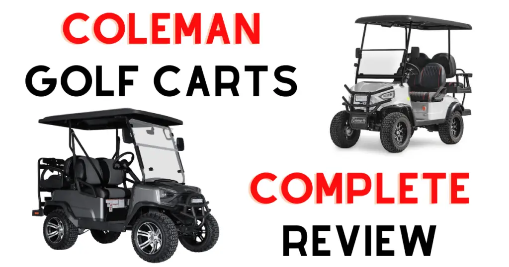 Two Coleman golf carts posed next to each other in a custom infographic to begin the overview of the brand