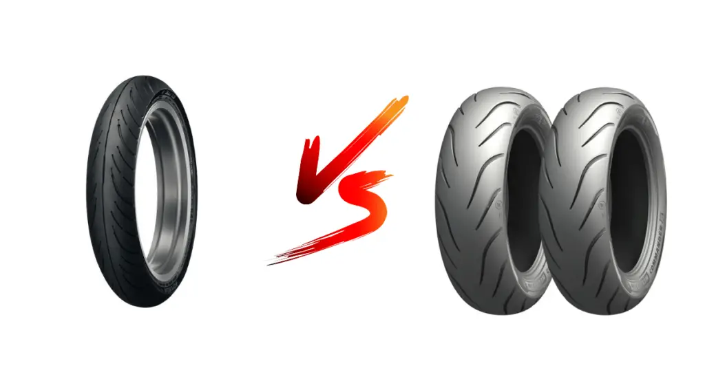 A Dunlop Elite 4 Tire next to Michelin Commander series tires, to introduce the comparison between the two distinct tires