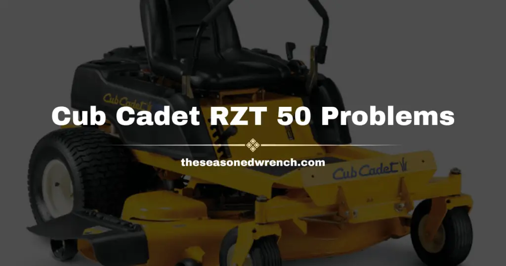 Example of a Cub Cadet RZT 50 zero-turn mower depicted with indicators of common problems such as belt issues and engine failure.