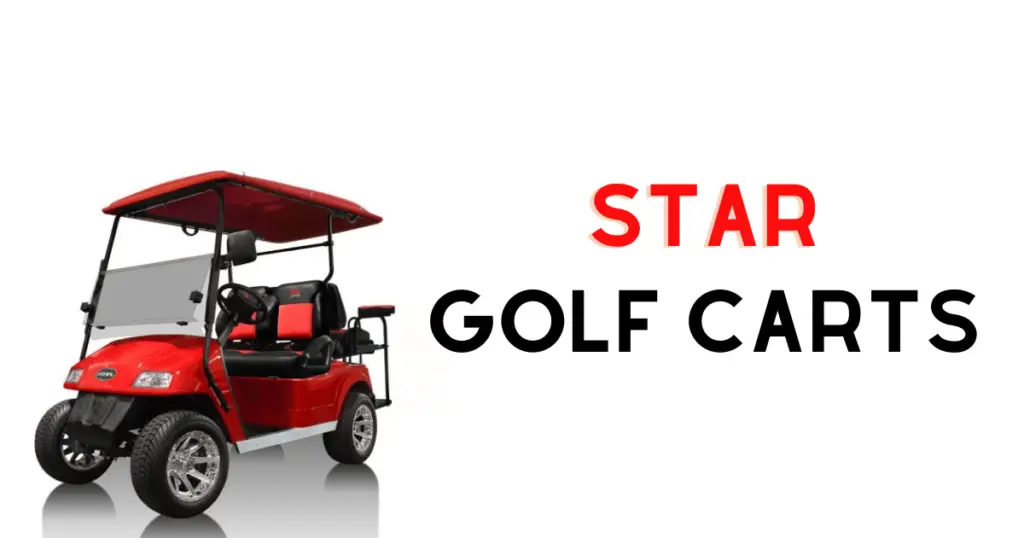 Example of a red Star EV golf cart, specifically the SS limited trim with custom leather seats, a long roof, and a seatkit for the rear
