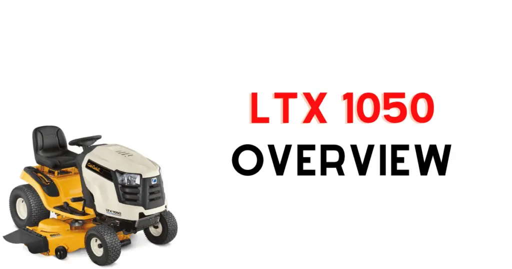 Cub Cadet LTX 1050 riding mower shown with annotations for common issues like belt slippage and engine failure.