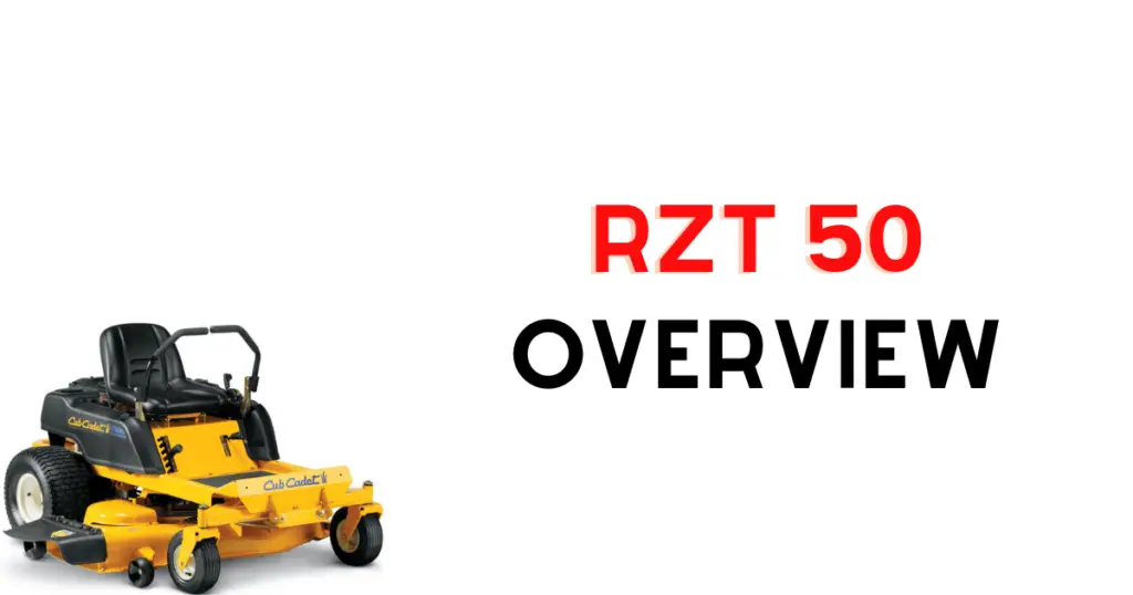Cub Cadet RZT 50 zero-turn mower depicted with indicators of common problems such as belt issues and engine failure.